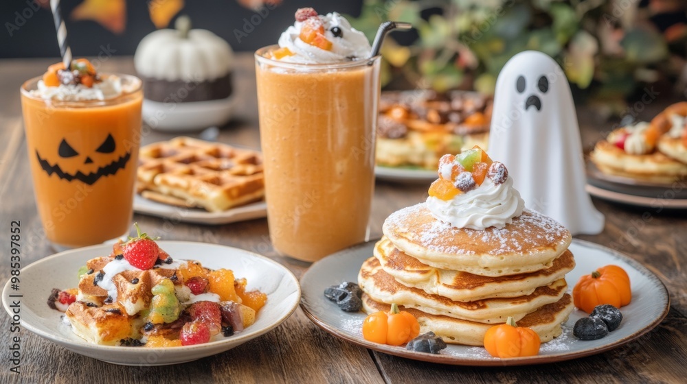 A family brunch with spooky pancakes ghost-shaped waffles A family brunch with spooky pancakes ghost-shaped waffles