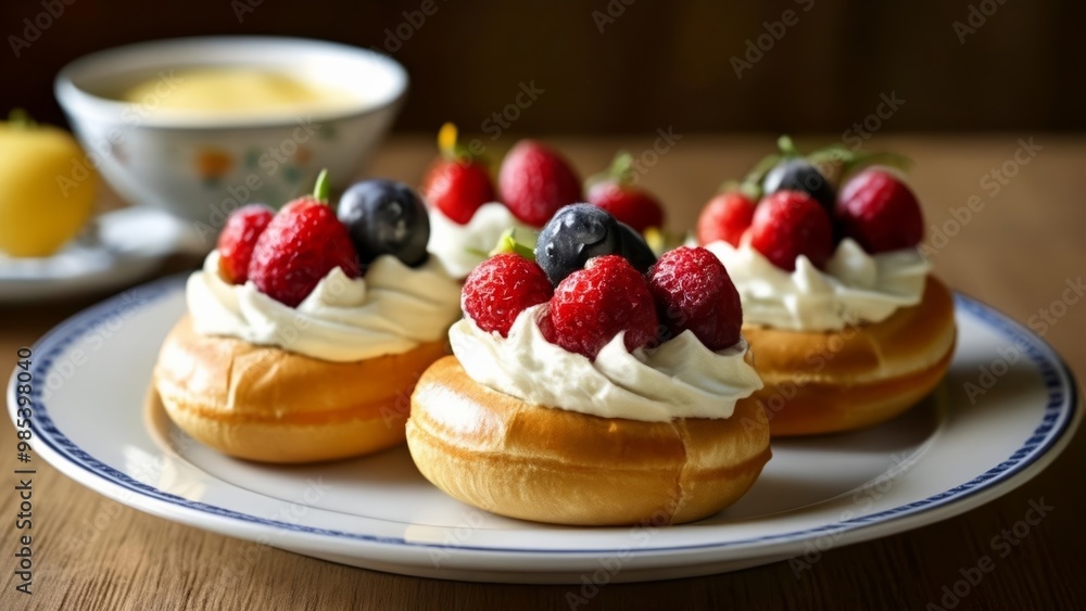 Deliciously tempting pastries with fresh berries and cream Deliciously tempting pastries with fresh berries and cream