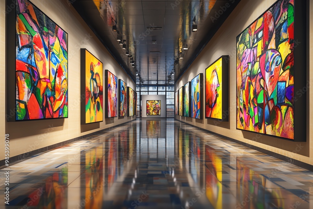 Vibrant art gallery with colorful paintings Vibrant art gallery with colorful paintings