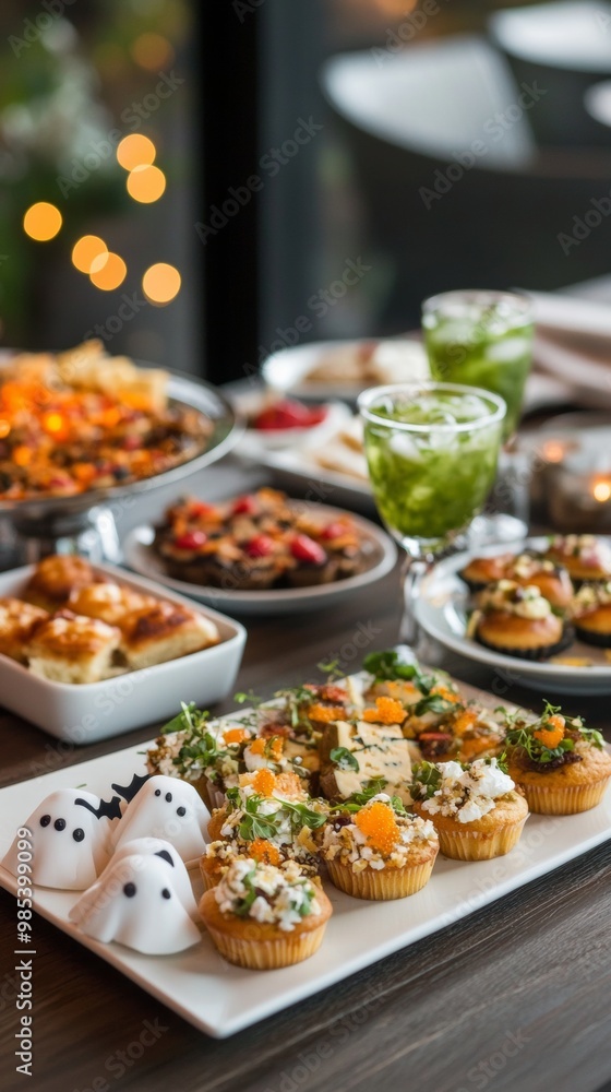 A family Halloween dinner featuring spooky appetizers like bat-shaped cheese platters ghost cupcakes A family Halloween dinner featuring spooky appetizers like bat-shaped cheese platters ghost cupcakes