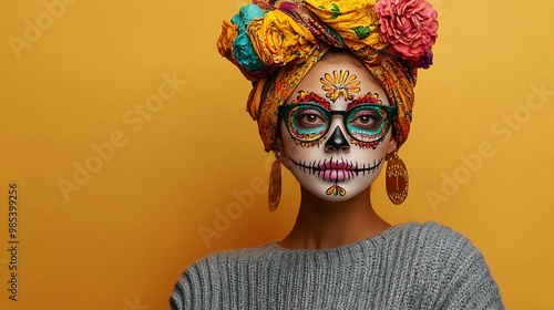 A woman with a colorful Day of the Dead makeup, wearing a yellow and blue patterned head scarf and large gold earrings against a yellow background.