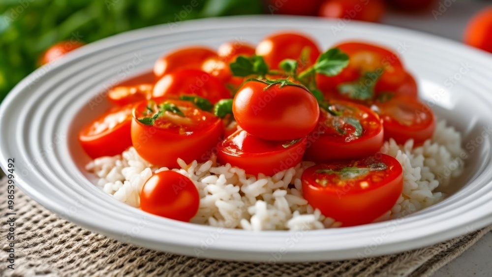 Freshly sliced cherry tomatoes on a bed of rice ready to be savored Freshly sliced cherry tomatoes on a bed of rice ready to be savored