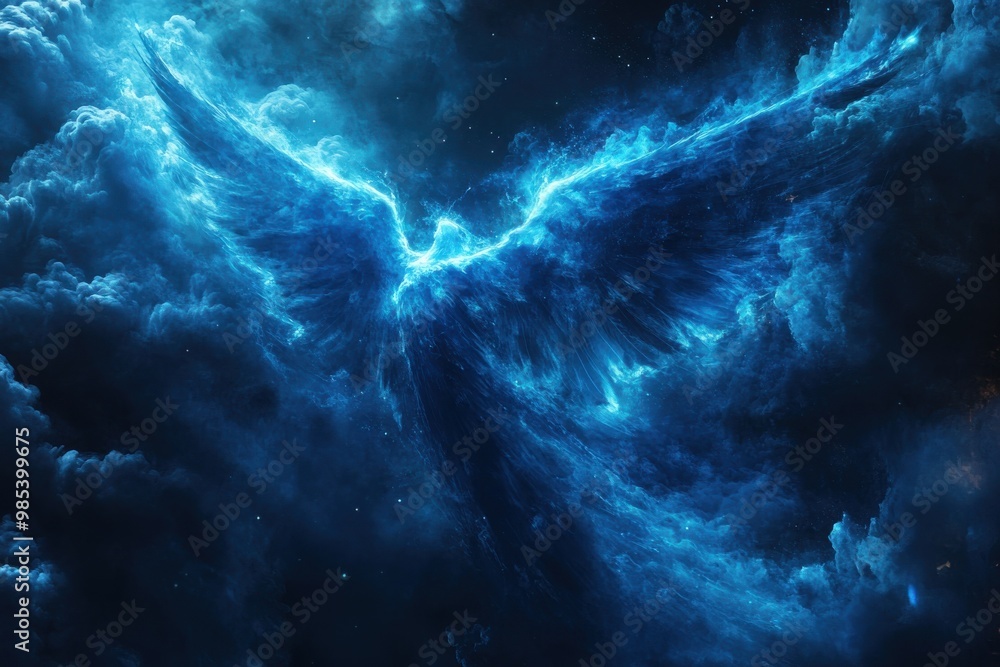A blue bird with wings spread out in the sky A blue bird with wings spread out in the sky