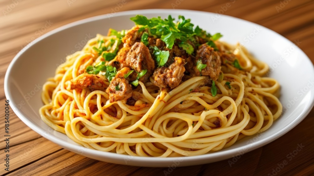 Delicious pasta dish with meat and herbs ready to be savored Delicious pasta dish with meat and herbs ready to be savored