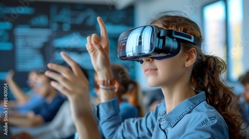 Young woman wearing VR headset, exploring virtual reality, with her hands up interacting with the digital world.