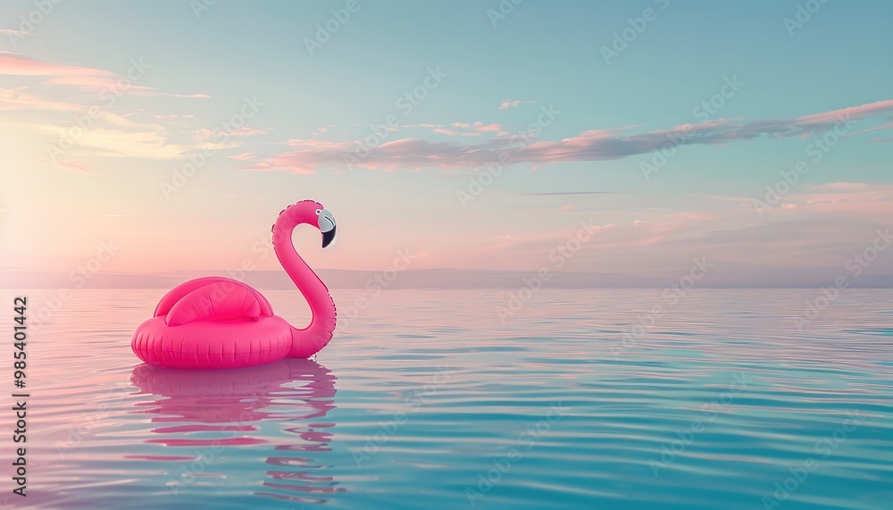 Fototapeta premium Inflatable pink flamingo in an infinity pool, summer concept