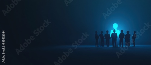 Design a simple background with a glowing figure presenting to a group, set against a soft gradient from black to deep blue, symbolizing leadership and workplace communication.  photo