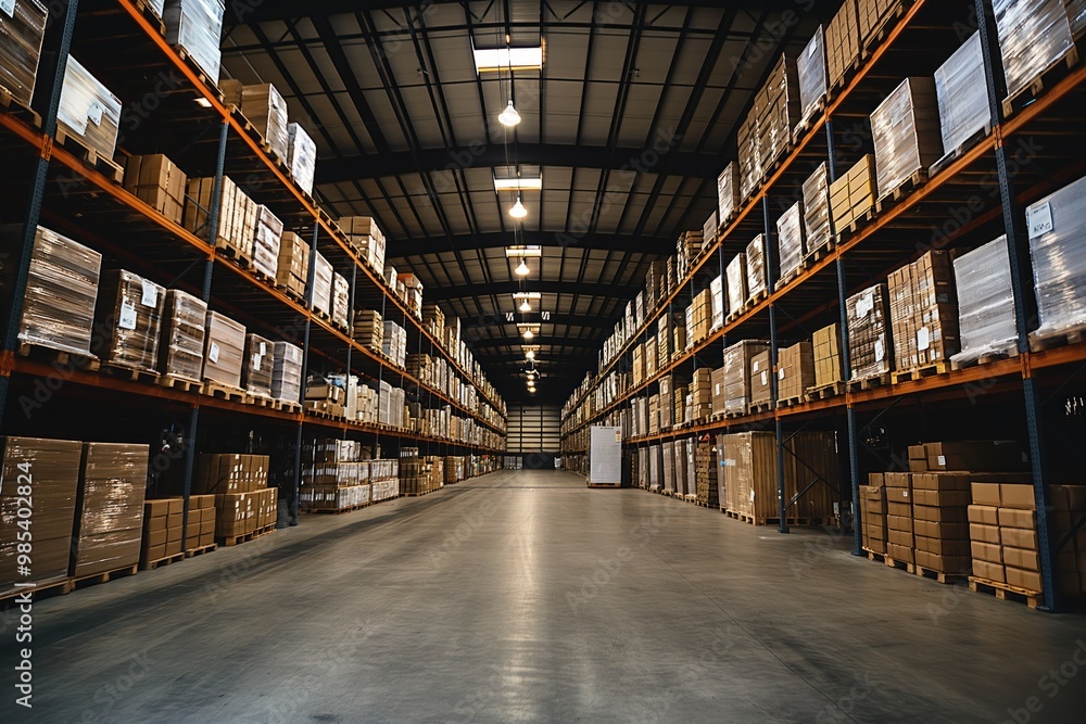 Large warehouse with high ceiling, grid-like wooden beams. Filled with cardboard boxes, crates, storage containers. Industrial interior with shelving units, pallets, work space. Large warehouse with high ceiling, grid-like wooden beams. Filled with cardboard boxes, crates, storage containers. Industrial interior with shelving units, pallets, work space.