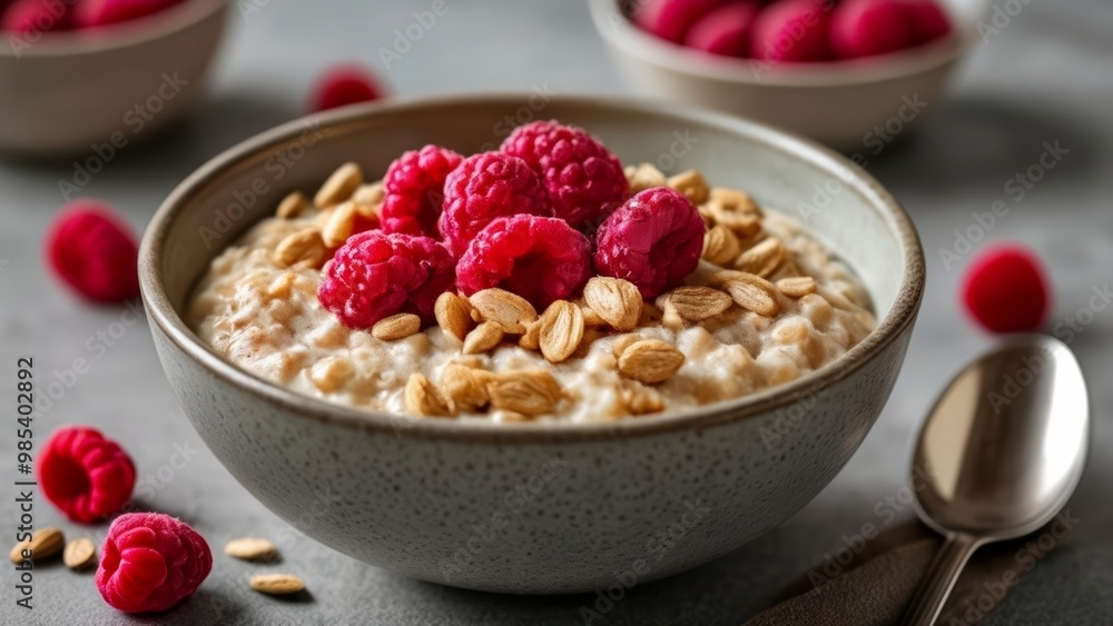 Deliciously healthy breakfast bowl with raspberries and nuts Deliciously healthy breakfast bowl with raspberries and nuts
