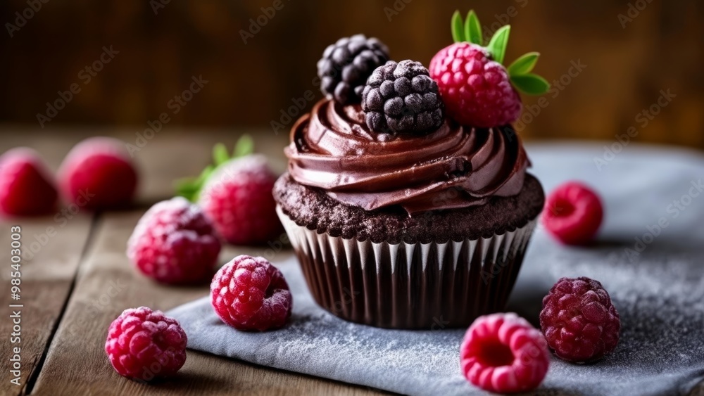 Deliciously indulgent chocolate cupcake with fresh raspberries and blackberries Deliciously indulgent chocolate cupcake with fresh raspberries and blackberries
