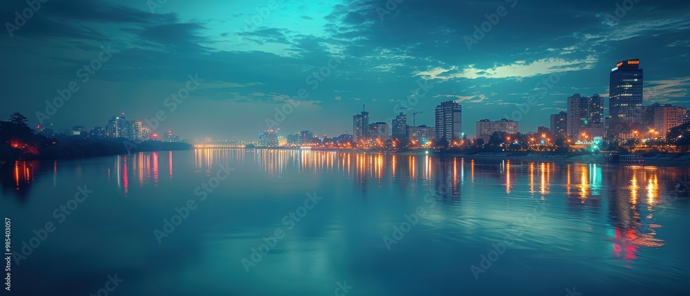 Fototapeta premium Serene Night View of City Skyline Reflected on Water