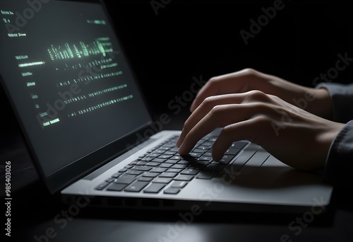 A person's hands are typing on a laptop keyboard in a dark environment with a glowing screen.