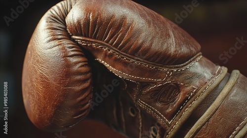 Macro close-up shot of a boxer's gloved hand, capturing the texture and detail of the leather, symbolizing strength and readiness for the fight