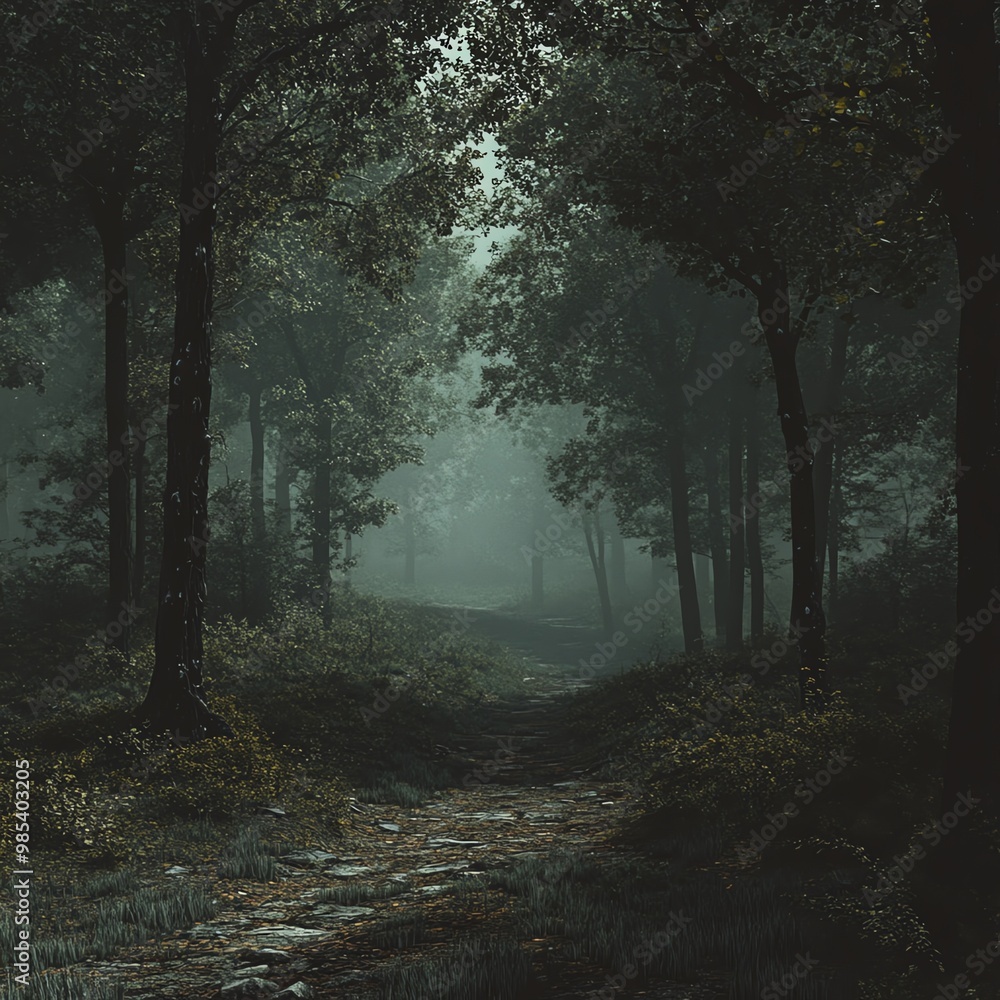 Fototapeta premium Mysterious forest path shrouded in fog