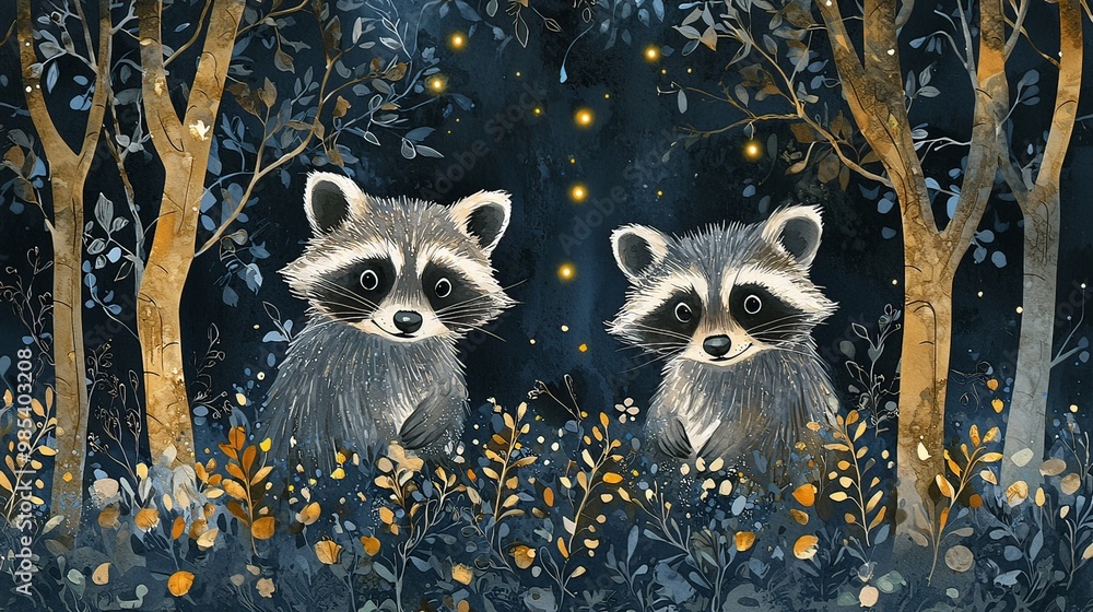 Curious Raccoons Exploring Enchanted Woodland at Twilight Curious Raccoons Exploring Enchanted Woodland at Twilight