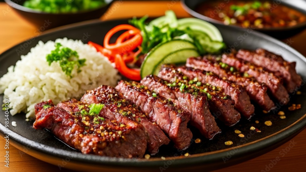 Deliciously grilled steak with a side of fresh vegetables and fluffy rice Deliciously grilled steak with a side of fresh vegetables and fluffy rice