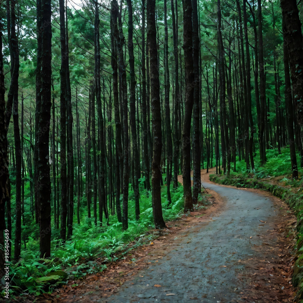 Obraz premium A winding path through a dense forest with tall trees on either side