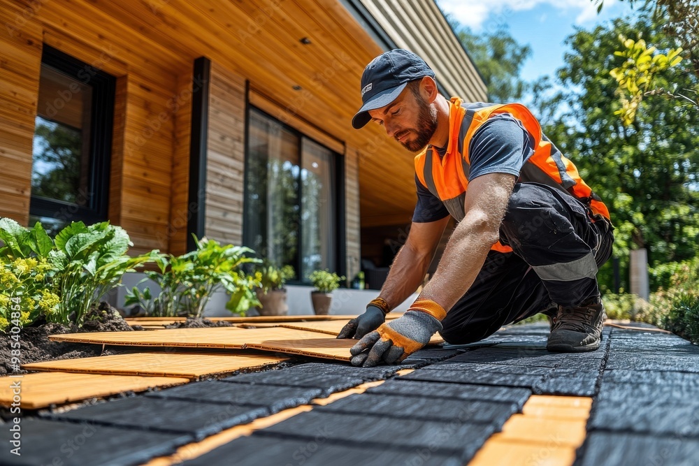 A man in an orange vest is laying down tiles on a sidewalk A man in an orange vest is laying down tiles on a sidewalk