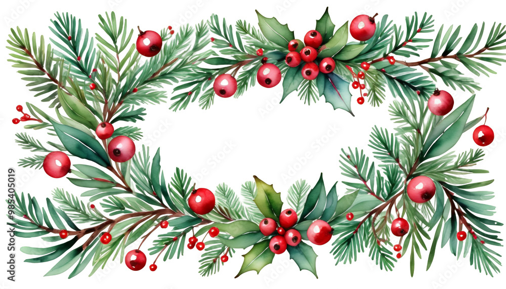greeting illustration white background christmas olated invitations fir berries red cards garland branches watercolor christmas tree decoration green holiday isolated red tree branch white christmas