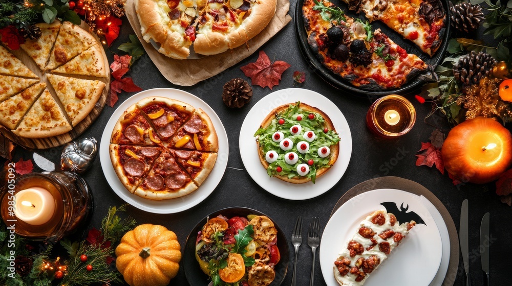 A Halloween dinner table with eerie dishes like monster burgers bat-shaped pizzas A Halloween dinner table with eerie dishes like monster burgers bat-shaped pizzas