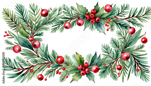Obraz na płótnie greeting illustration white background christmas olated invitations fir berries red cards garland branches watercolor christmas tree decoration green holiday isolated red tree branch white christmas w salonie