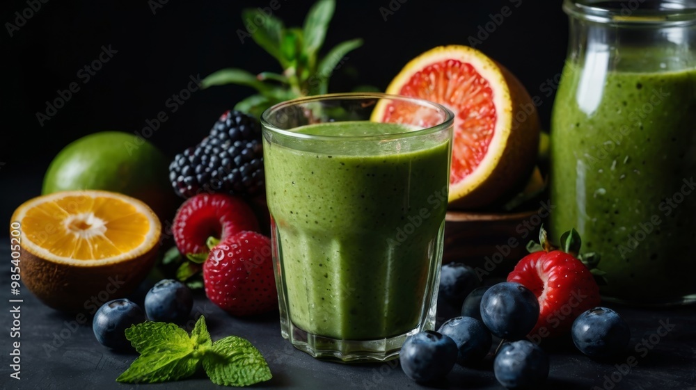 Green homemade smoothies with fresh fruits on black background for World Vegan Day Green homemade smoothies with fresh fruits on black background for World Vegan Day