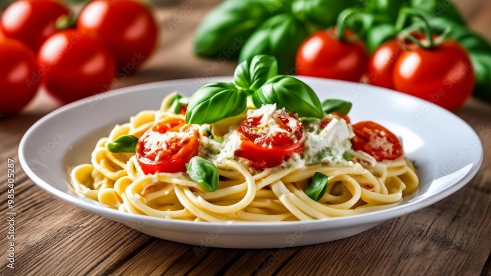 Delicious pasta dish with fresh tomatoes and basil Delicious pasta dish with fresh tomatoes and basil