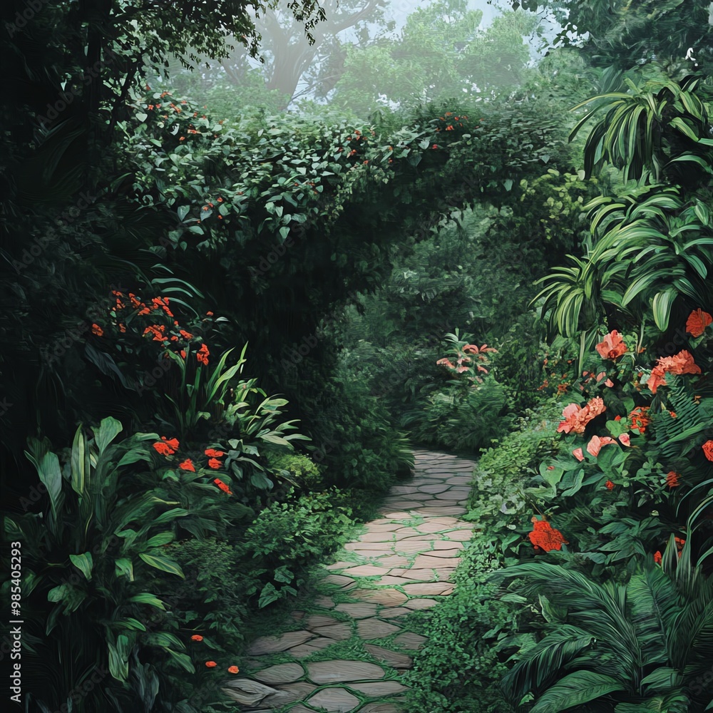 Obraz premium Lush garden pathway surrounded by vibrant flora
