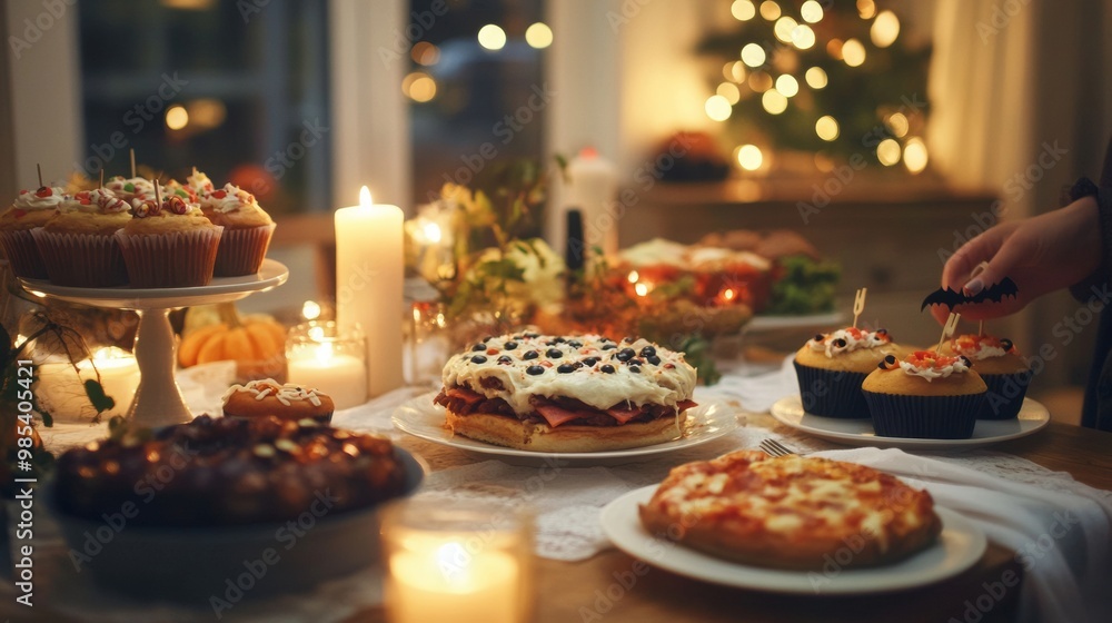 A Halloween dinner table with eerie dishes like monster burgers bat-shaped pizzas A Halloween dinner table with eerie dishes like monster burgers bat-shaped pizzas
