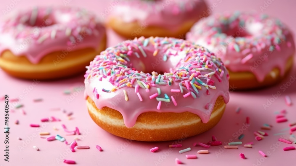 Sweet indulgence A trio of pink frosted donuts with rainbow sprinkles Sweet indulgence A trio of pink frosted donuts with rainbow sprinkles