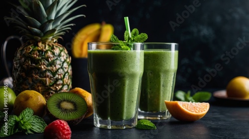 Green homemade smoothies with fresh fruits on black background for World Vegan Day