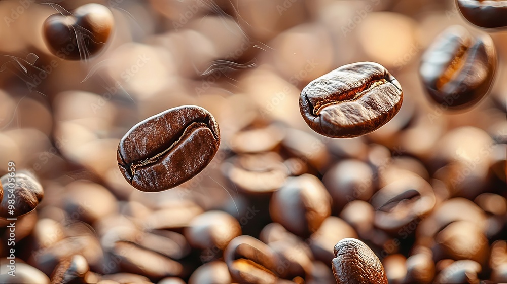 Fototapeta premium Falling Roasted Coffee Beans in Mid Air Close Up Image