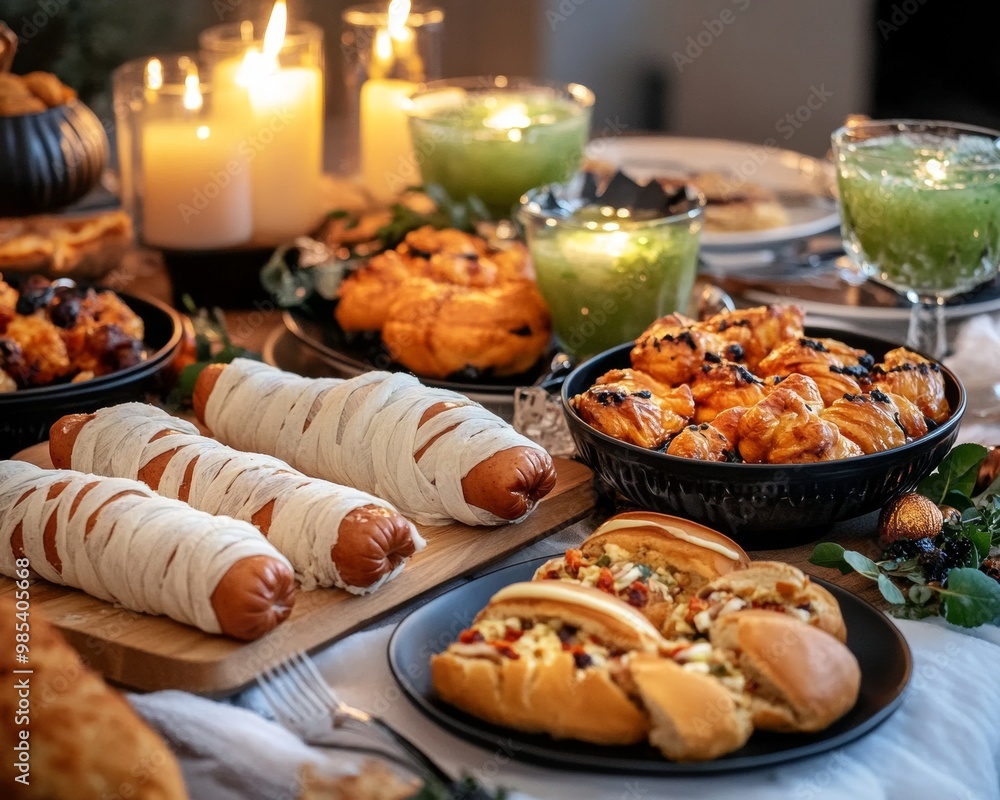 A Halloween feast with the family featuring spooky dishes like mummy hot dogs A Halloween feast with the family featuring spooky dishes like mummy hot dogs