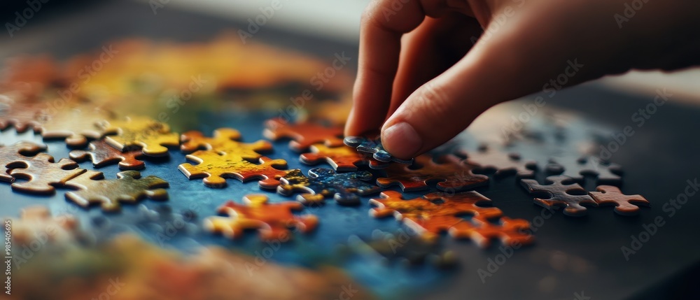 A hand places a puzzle piece on a vibrant jigsaw, showcasing creativity and focus in a cozy indoor setting. A hand places a puzzle piece on a vibrant jigsaw, showcasing creativity and focus in a cozy indoor setting.
