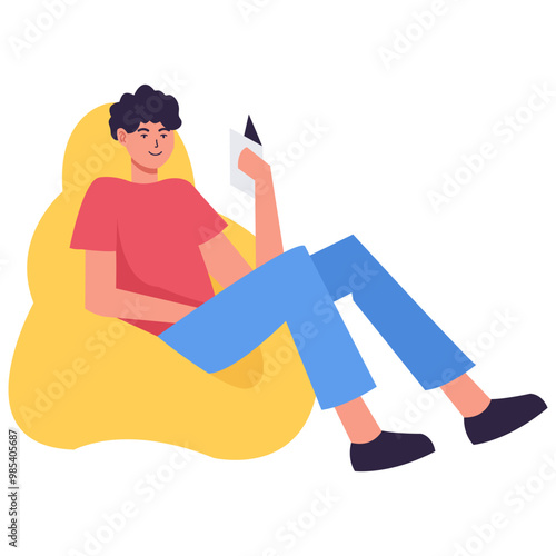 People Character Reading Book in Cafe. Flat Vector Illustration