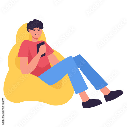 People Character Reading Book in Cafe. Flat Vector Illustration