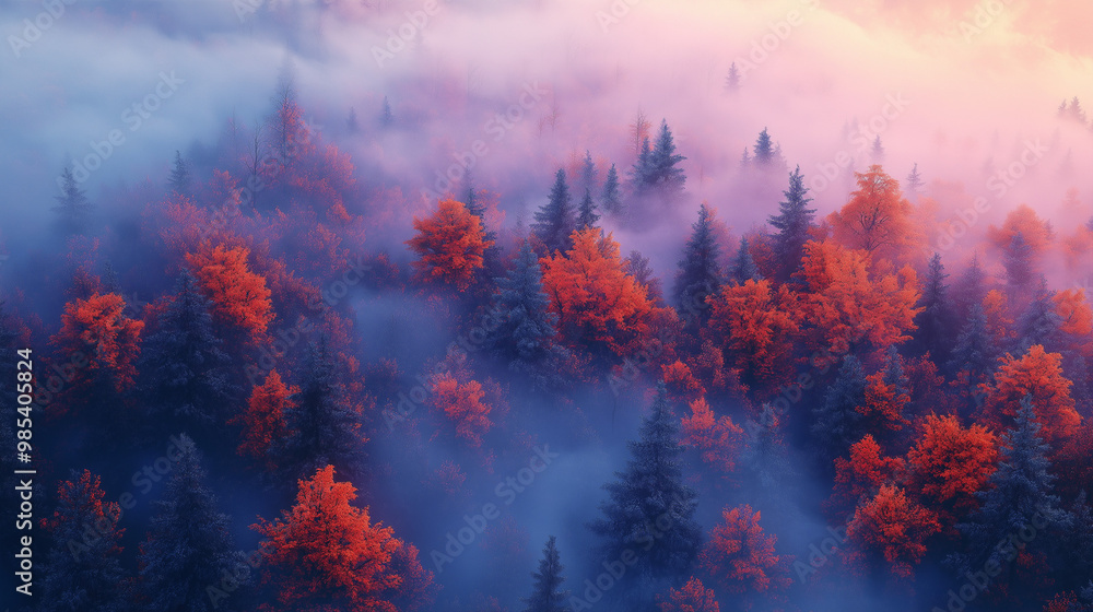 a bird's view of the Canadian forest in autumn covered by fog using an ultraviolet filter a bird's view of the Canadian forest in autumn covered by fog using an ultraviolet filter
