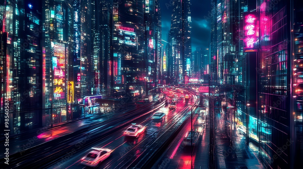 Vibrant city nightscape with neon lights. Vibrant city nightscape with neon lights.