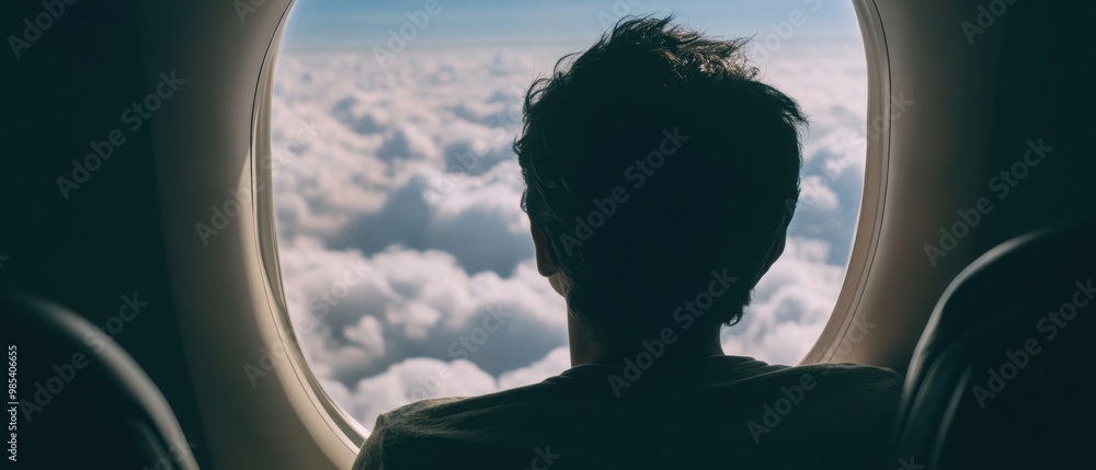 A person gazes out of an airplane window, observing clouds and the vast sky, evoking feelings of travel and contemplation. A person gazes out of an airplane window, observing clouds and the vast sky, evoking feelings of travel and contemplation.