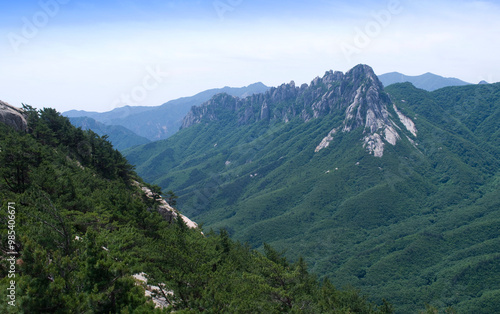 Aerial view of Sinseondae Cliff with the background of Ulsan Rock of Seoraksan National Park near Goseong-gun, South Korea