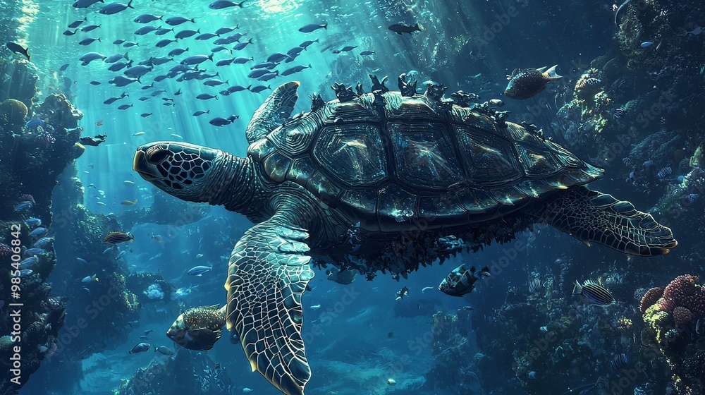 Fototapeta premium Giant Sea Turtle Nesting in the Deep Ocean Underwater Habitat