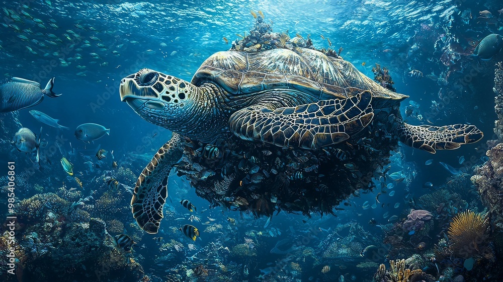 Fototapeta premium Giant Sea Turtle Builds Nest Turret in the Deep Ocean Coral Reef