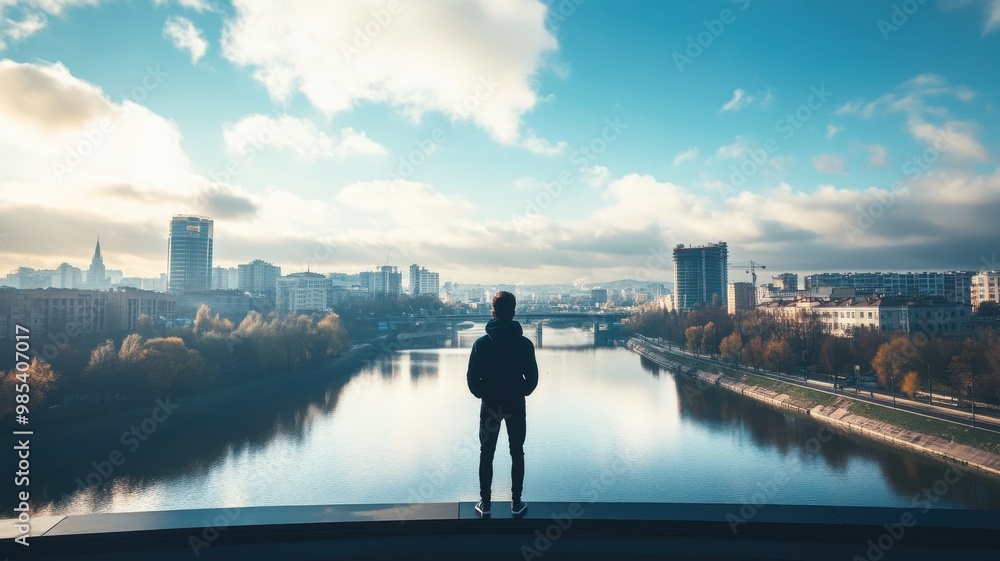A silhouette stands on a ledge overlooking a scenic river with a city skyline under a vibrant sky filled with clouds. A silhouette stands on a ledge overlooking a scenic river with a city skyline under a vibrant sky filled with clouds.