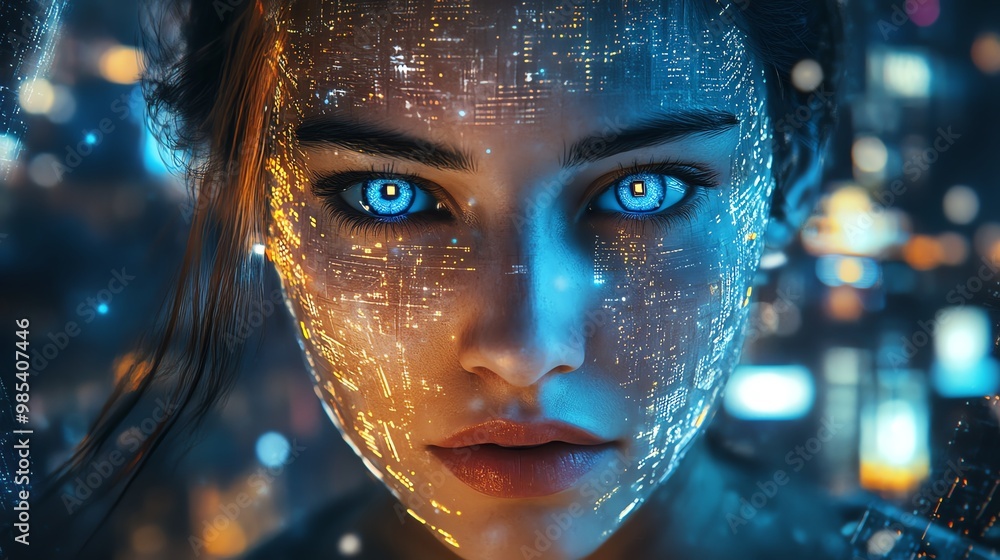 Futuristic woman with glowing blue eyes Futuristic woman with glowing blue eyes