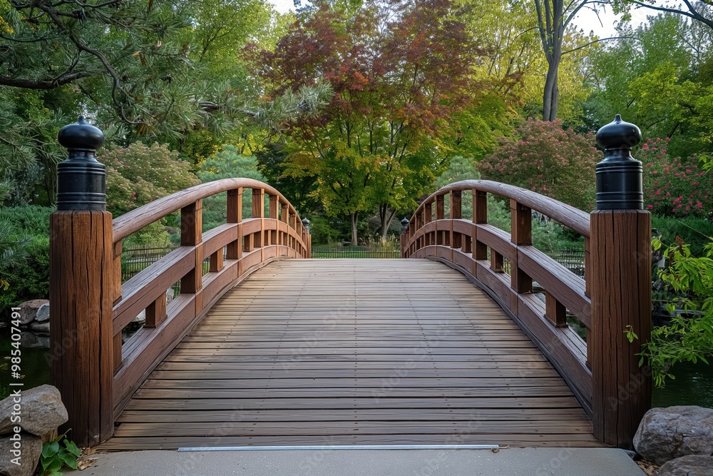 Wooden bridge over tranquil lake in Japanese garden. Natural scenery of Anderson Gardens in Rockford, Illinois, USA. Seasonal foliage, water features, and serene atmosphere. Wooden bridge over tranquil lake in Japanese garden. Natural scenery of Anderson Gardens in Rockford, Illinois, USA. Seasonal foliage, water features, and serene atmosphere.