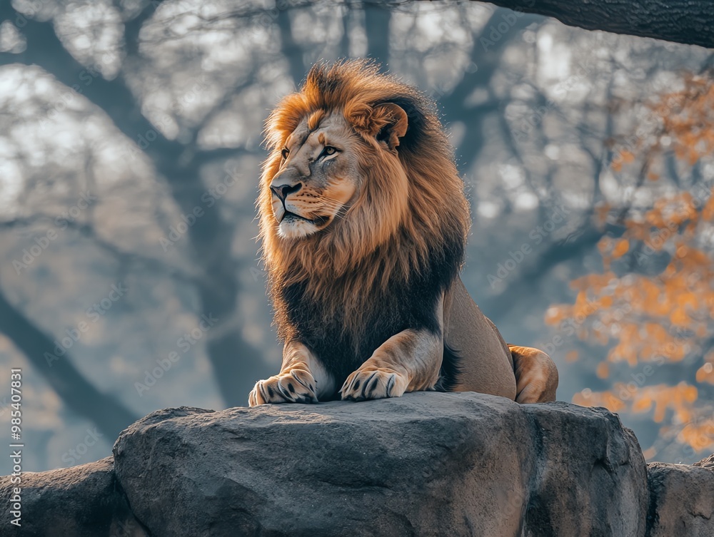 Naklejka premium A majestic lion surveying its pride, its piercing gaze commanding respect and admiration in 8K