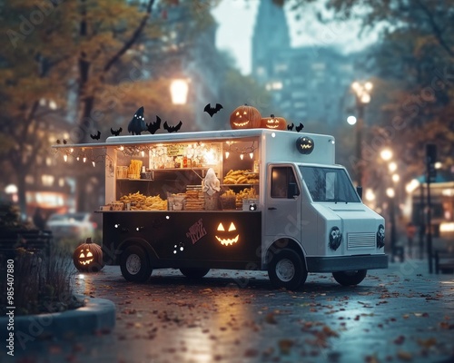A Halloween food truck offering spooky ghost-shaped pancakes glowing green pumpkin punch