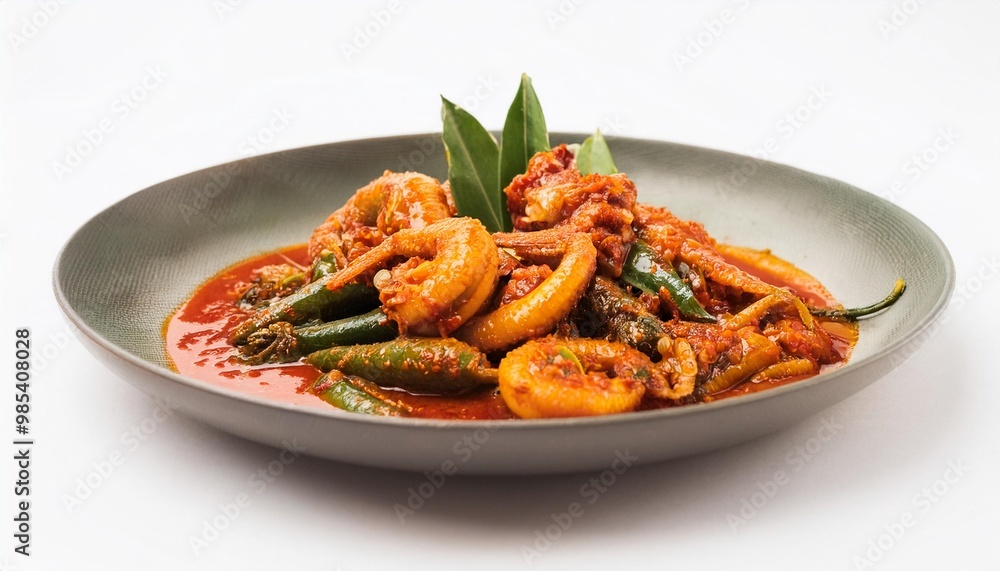 Malaysian Food, Udang Sambal Petai on white background isolated. Malaysian Food, Udang Sambal Petai on white background isolated.