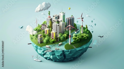 Miniature city on a floating island with wind turbines and natural surroundings for representing sustainability eco-friendly living and green energy in futuristic urban design concept.