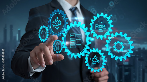 data integration concept with gears and icons in a futuristic, Digital transformation, Information systems, Data processing, System integration